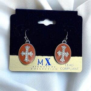 MX Collection orange oval silver tone CZ cross dangle earrings